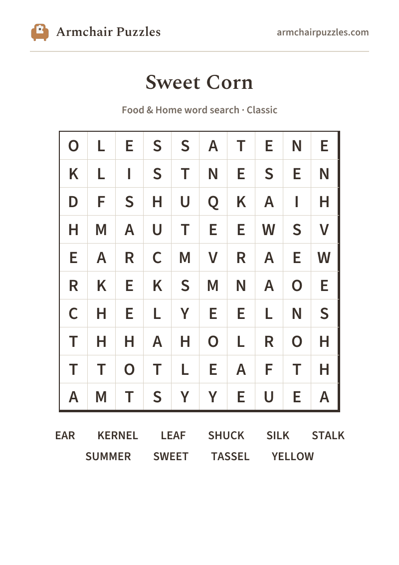 The printable Sweet Corn word search sheet