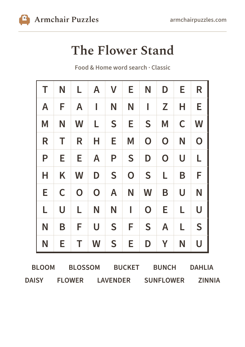 The printable The Flower Stand word search sheet