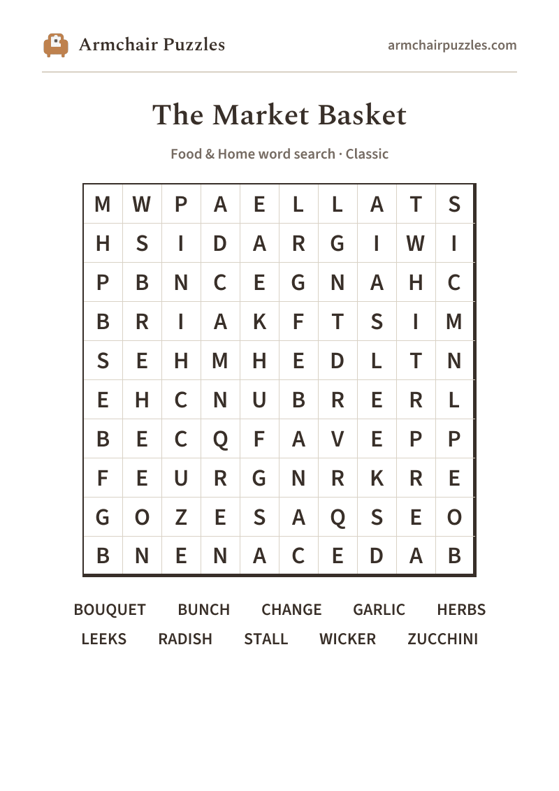 The printable The Market Basket word search sheet