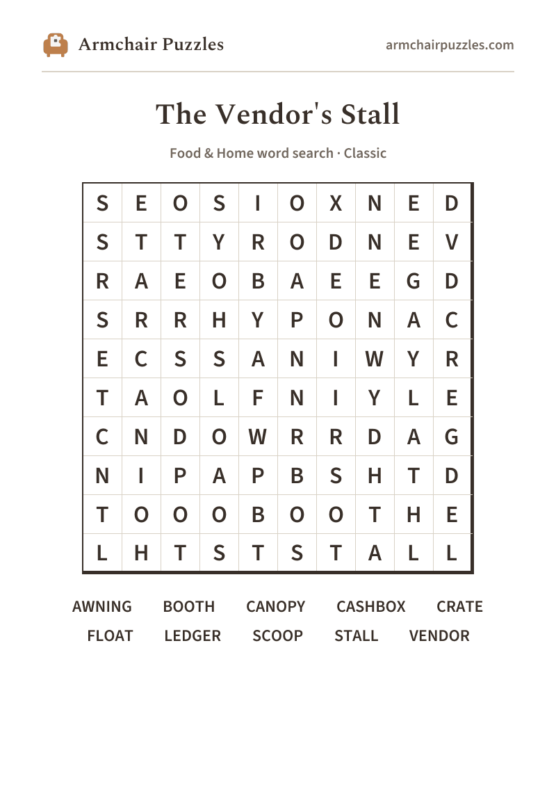 The printable The Vendor's Stall word search sheet