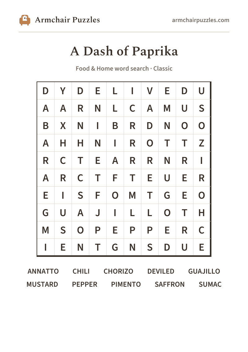 The printable A Dash of Paprika word search sheet