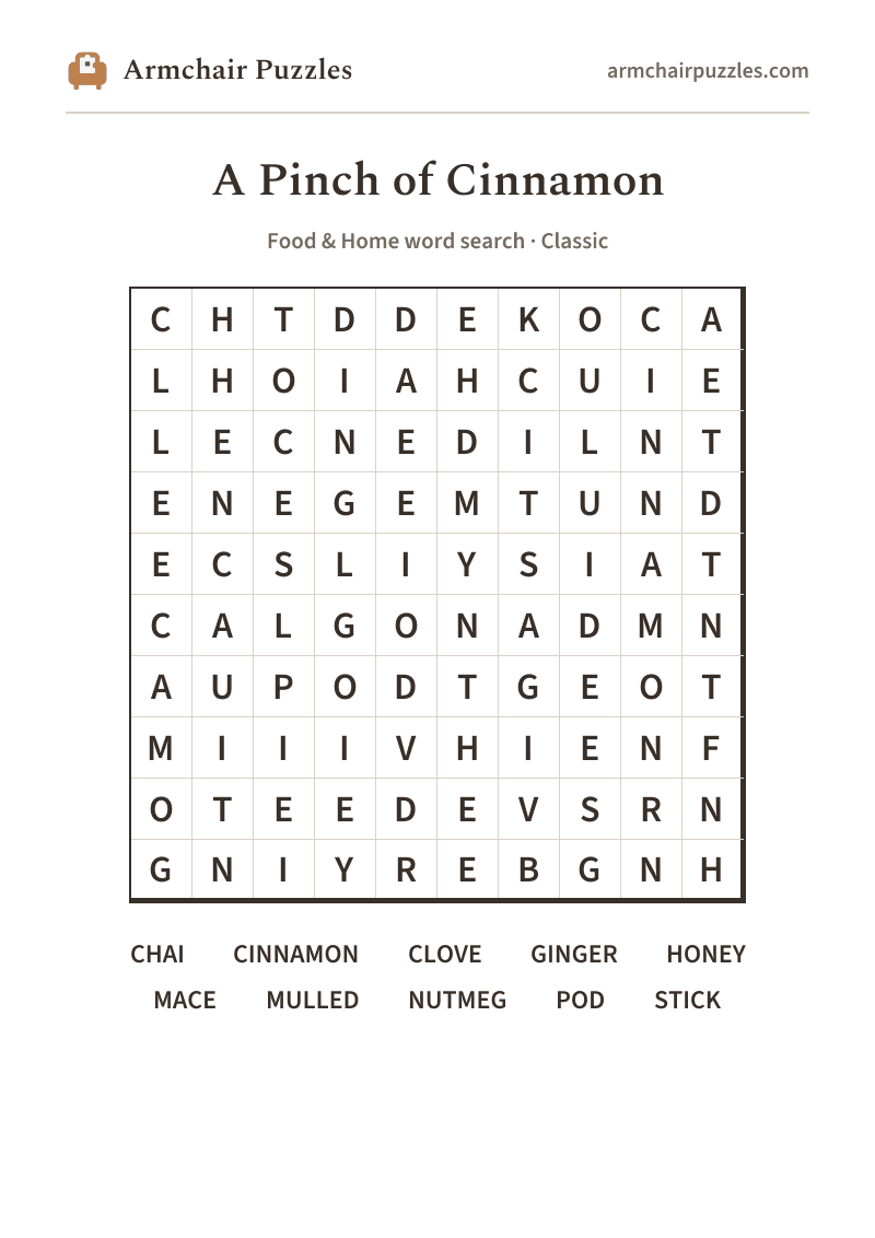 The printable A Pinch of Cinnamon word search sheet