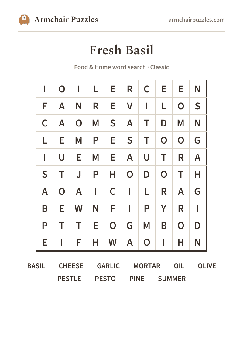 The printable Fresh Basil word search sheet