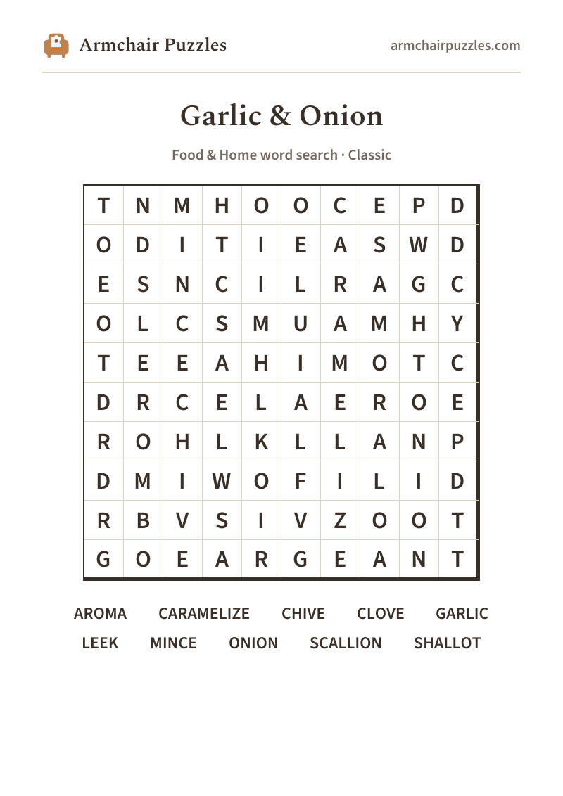 The printable Garlic & Onion word search sheet