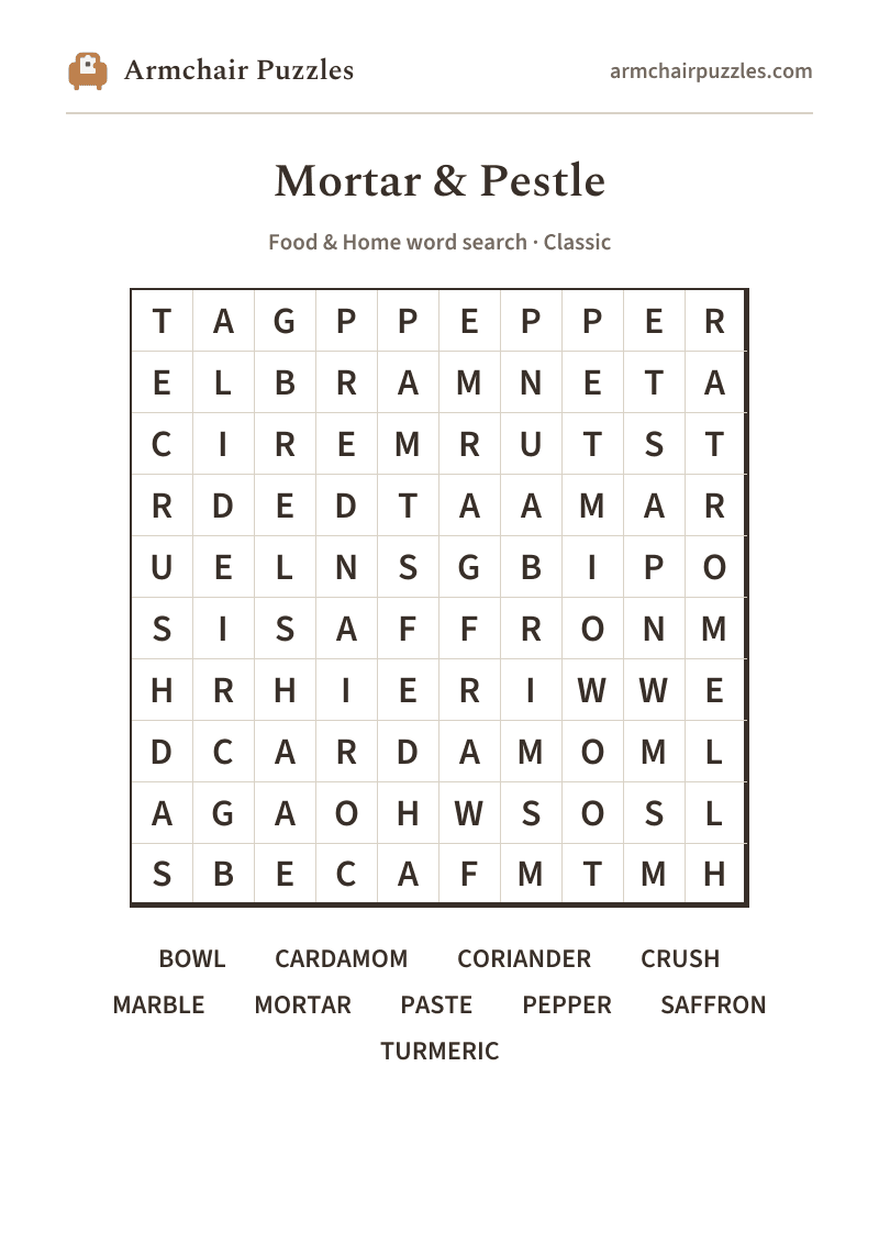 The printable Mortar & Pestle word search sheet