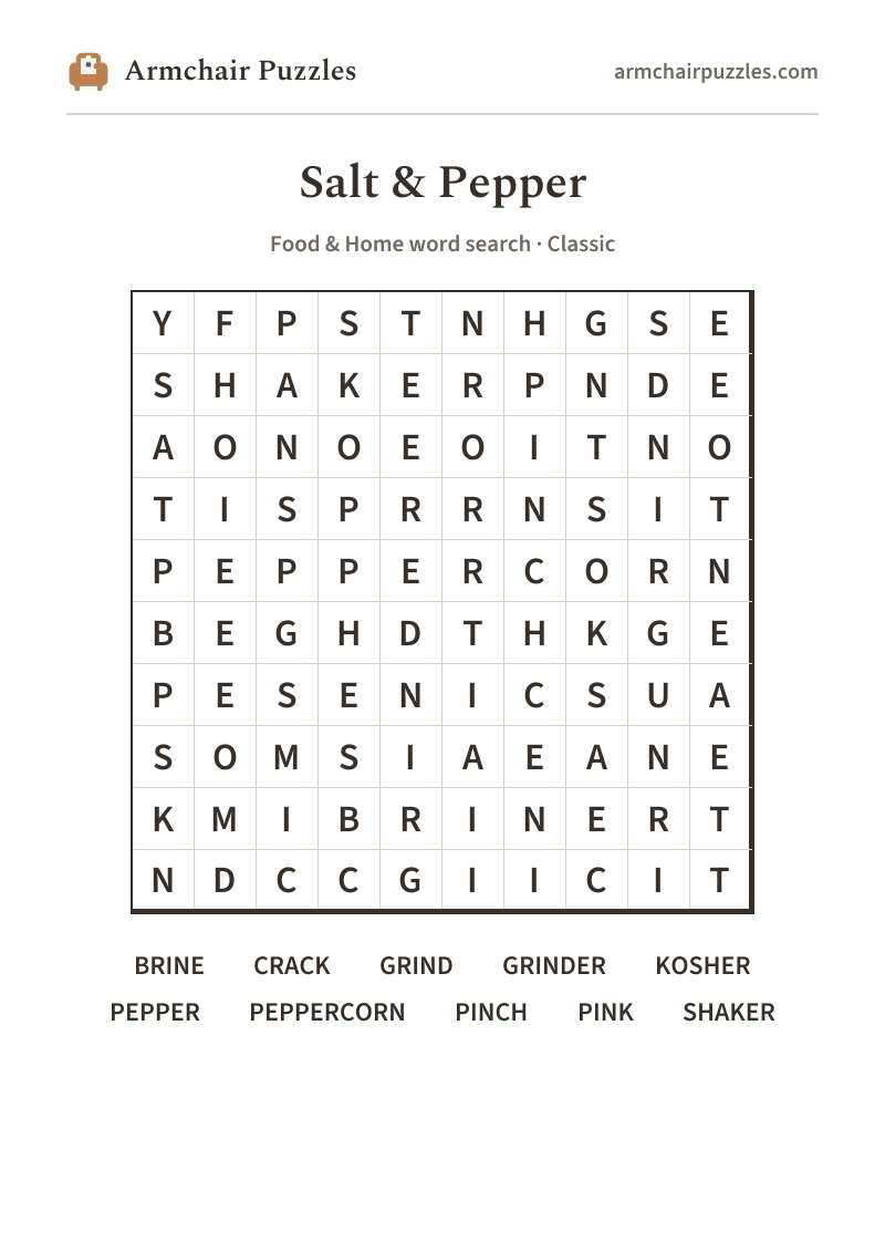 The printable Salt & Pepper word search sheet