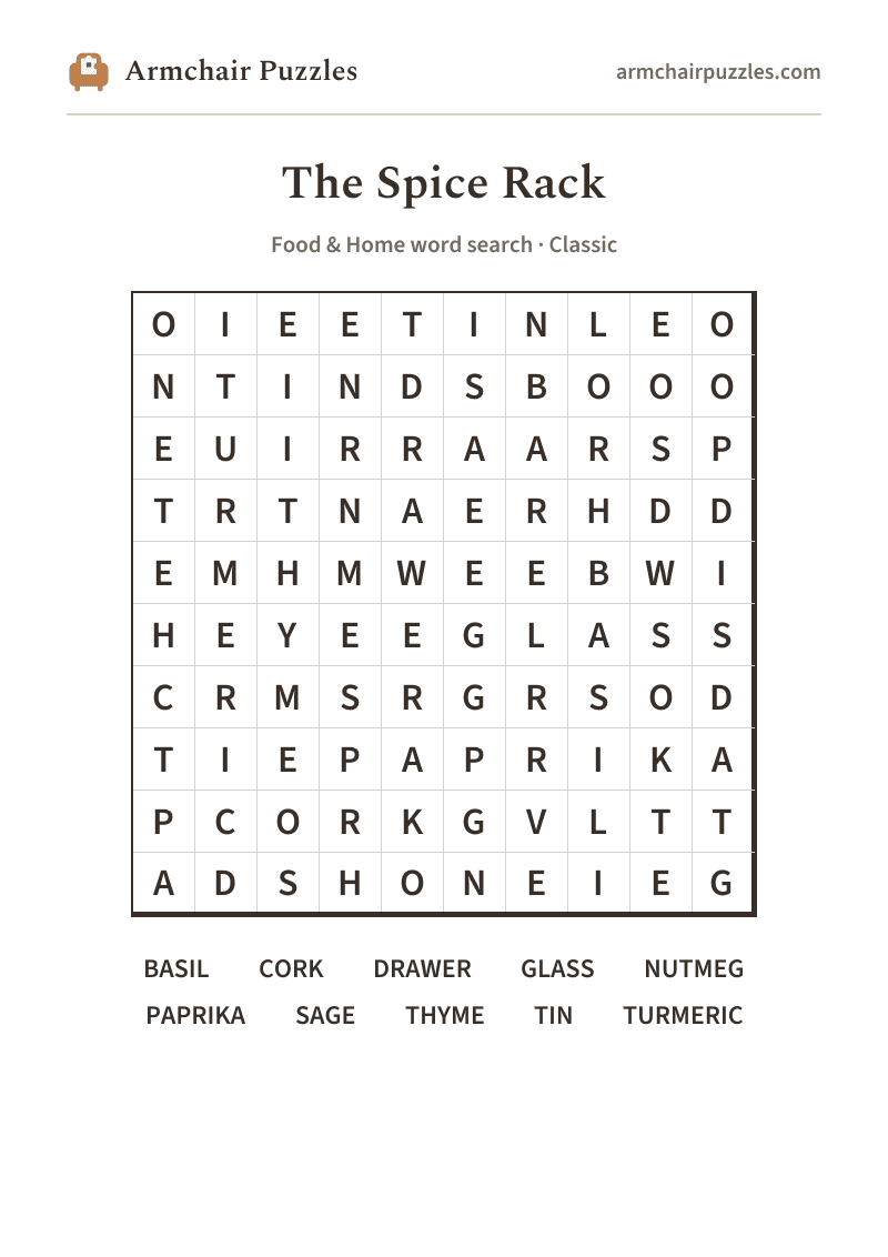 The printable The Spice Rack word search sheet: large-print Classic grid with its word list