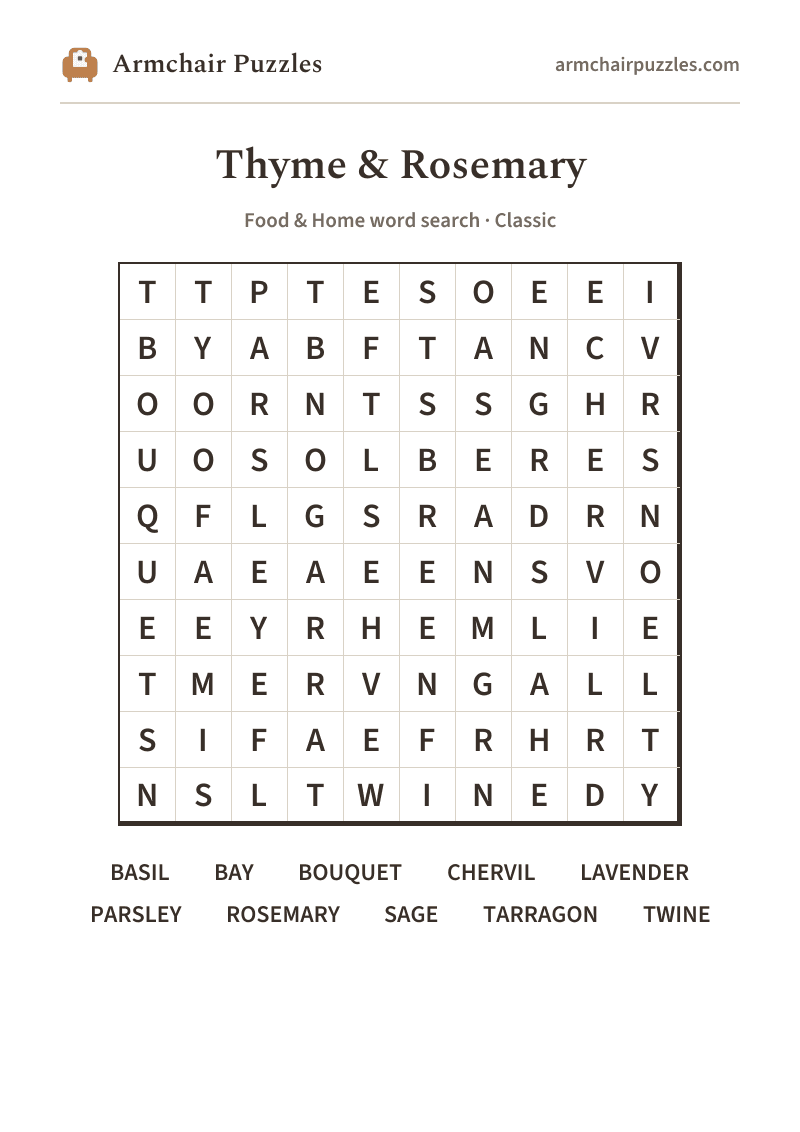The printable Thyme & Rosemary word search sheet in large print