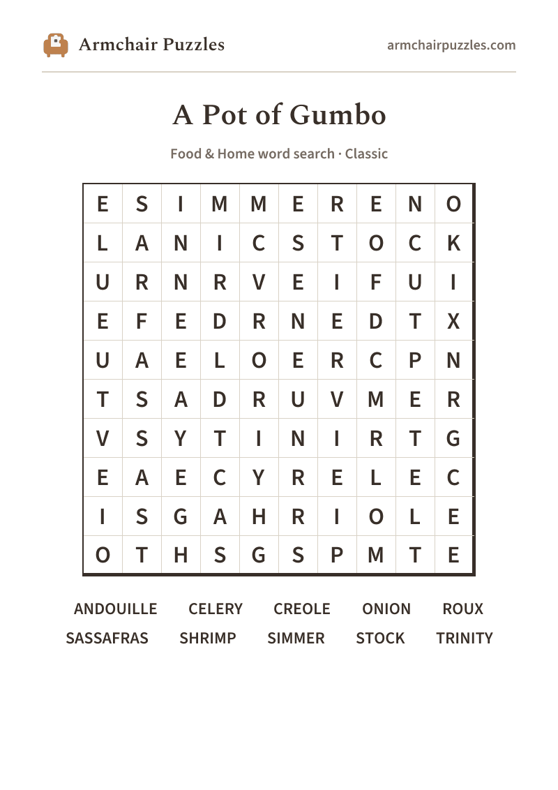The printable A Pot of Gumbo word search sheet