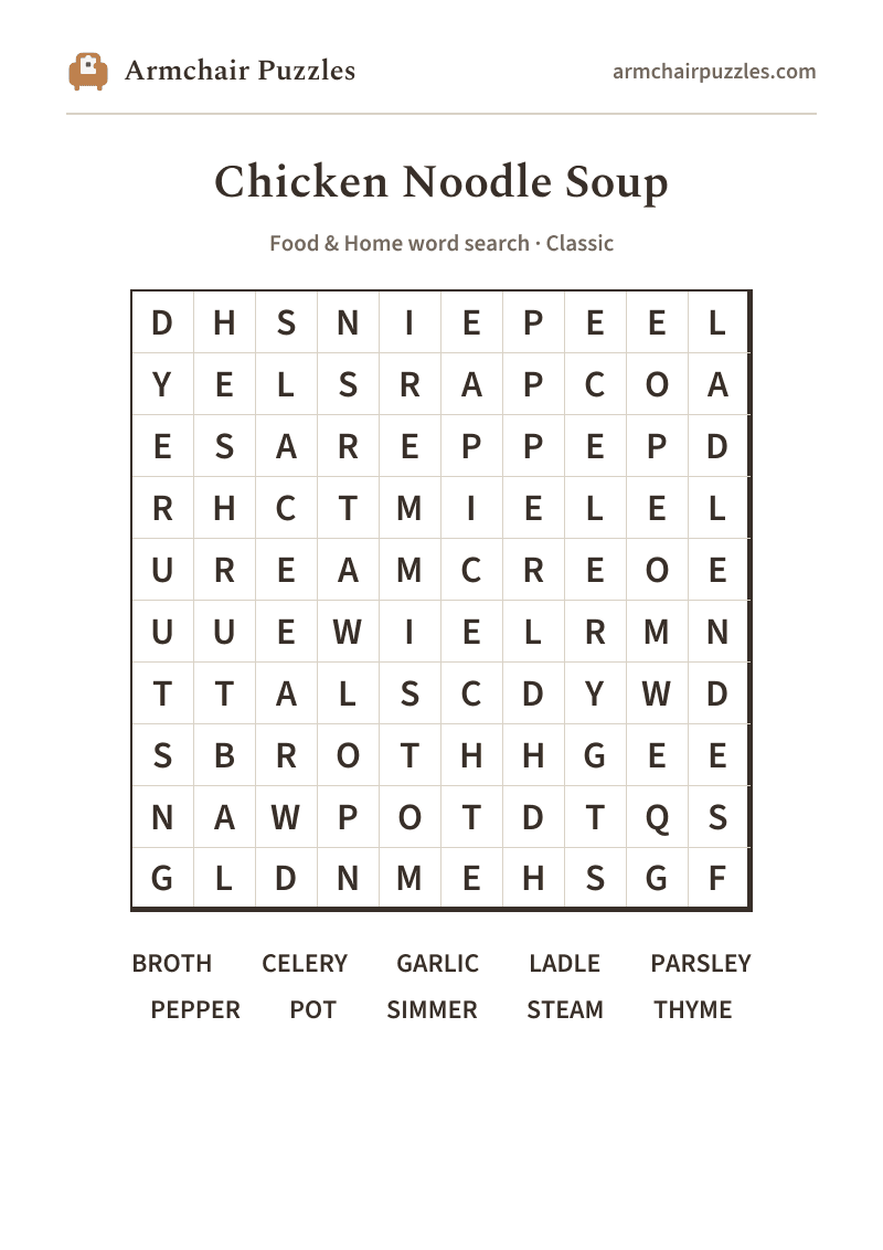 The printable Chicken Noodle Soup word search sheet in large print