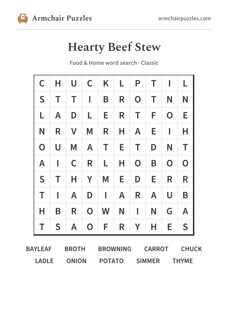 The printable Hearty Beef Stew word search sheet