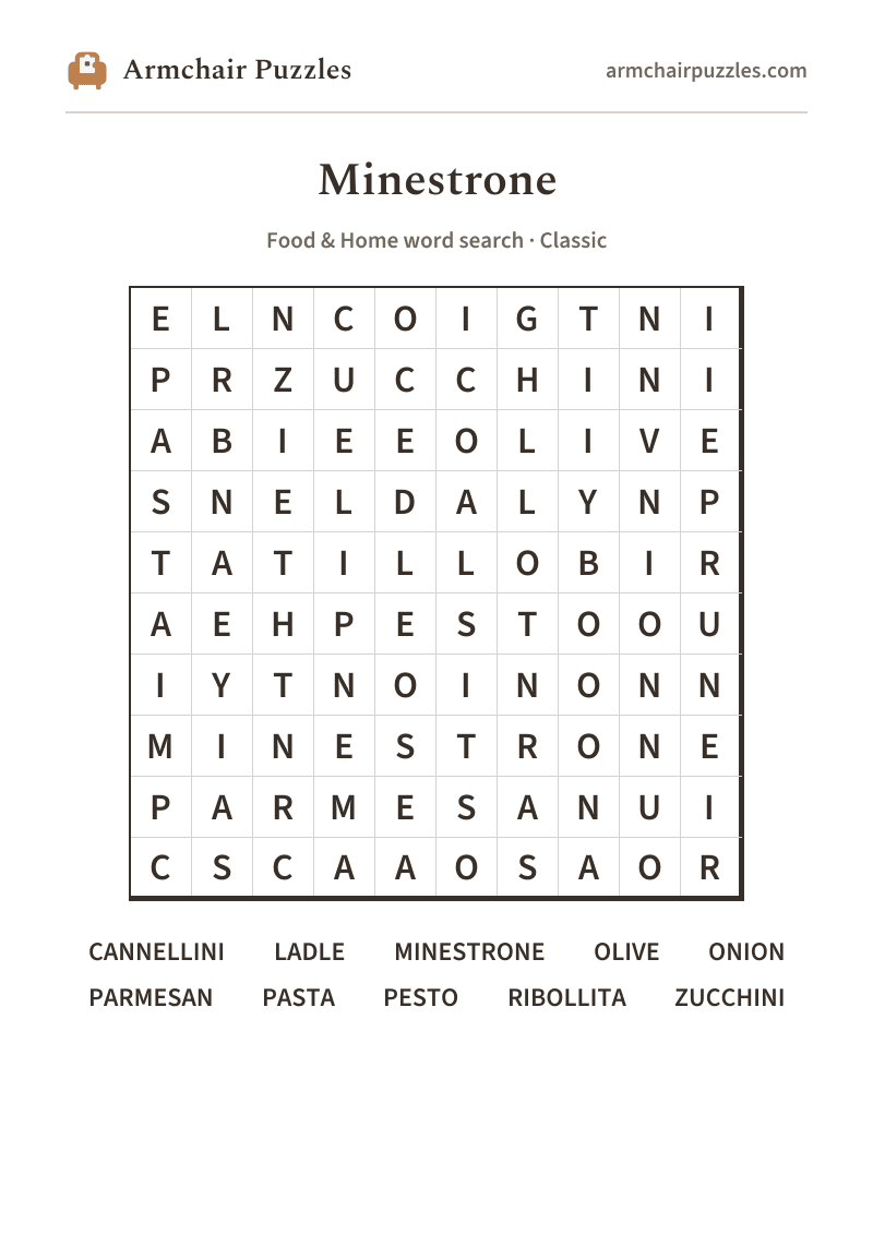 The printable Minestrone word search sheet