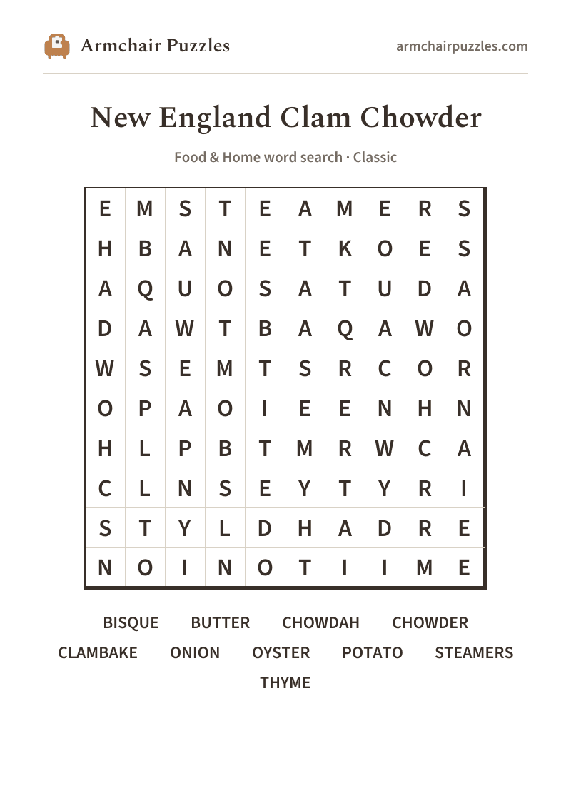 The printable New England Clam Chowder word search sheet