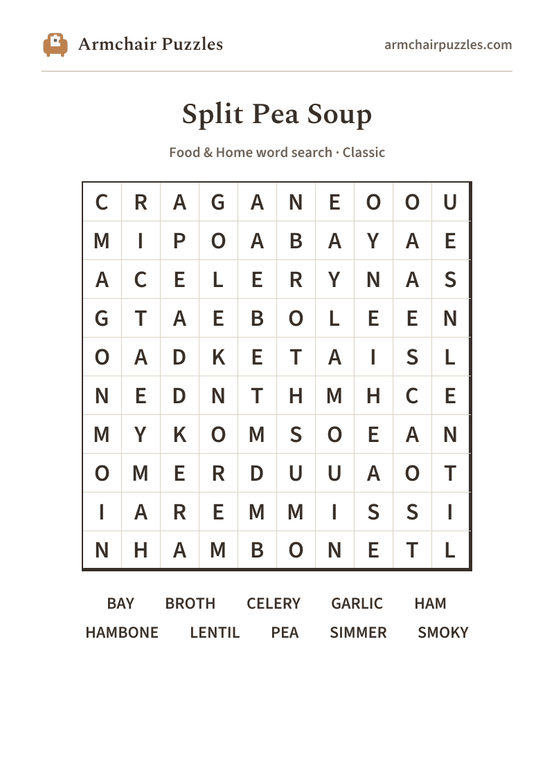The printable Split Pea Soup word search sheet