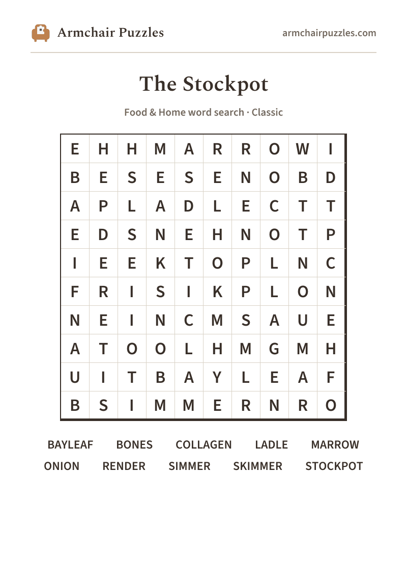 The printable The Stockpot word search sheet