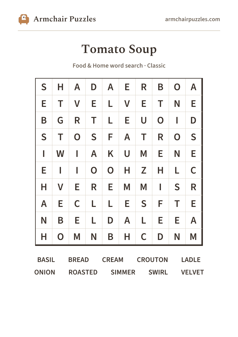 The printable Tomato Soup word search sheet: large-print Classic grid with its word list