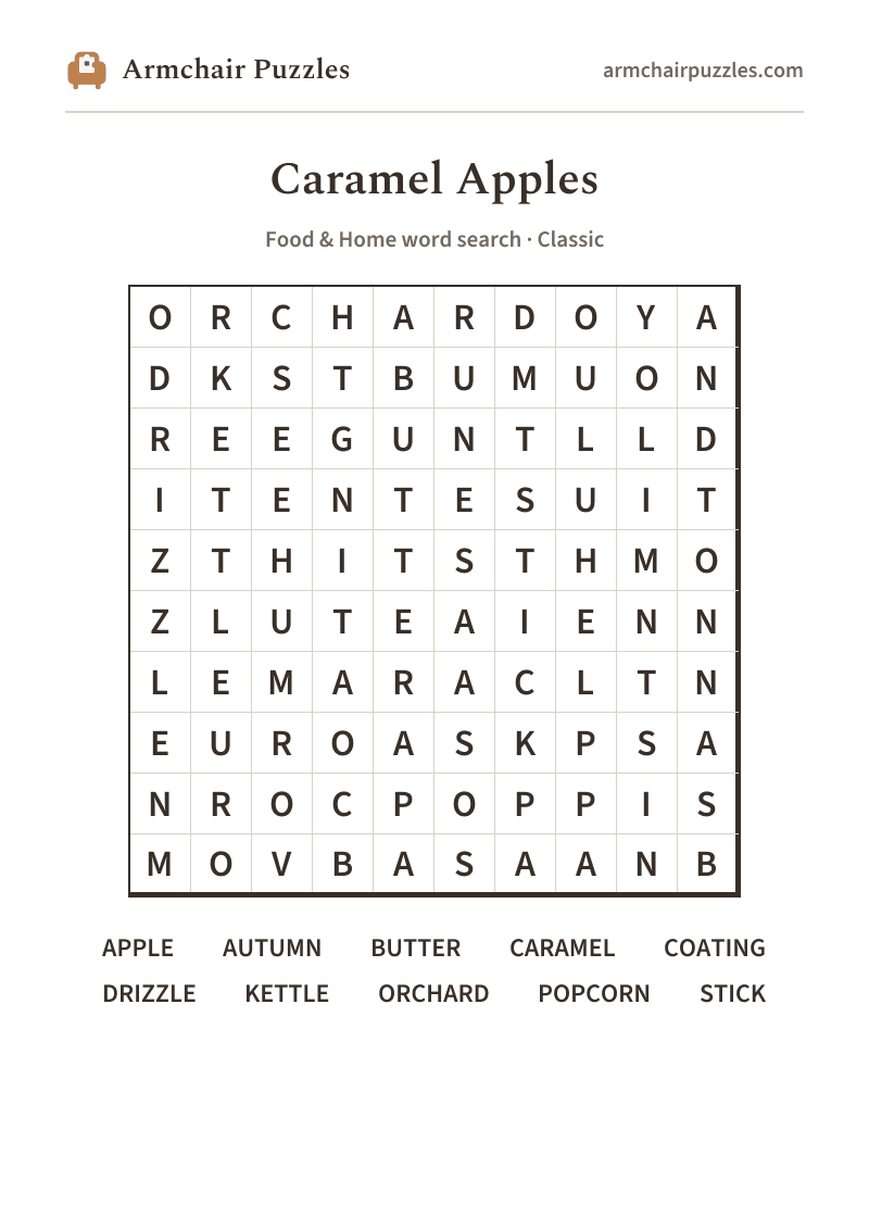 The printable Caramel Apples word search sheet