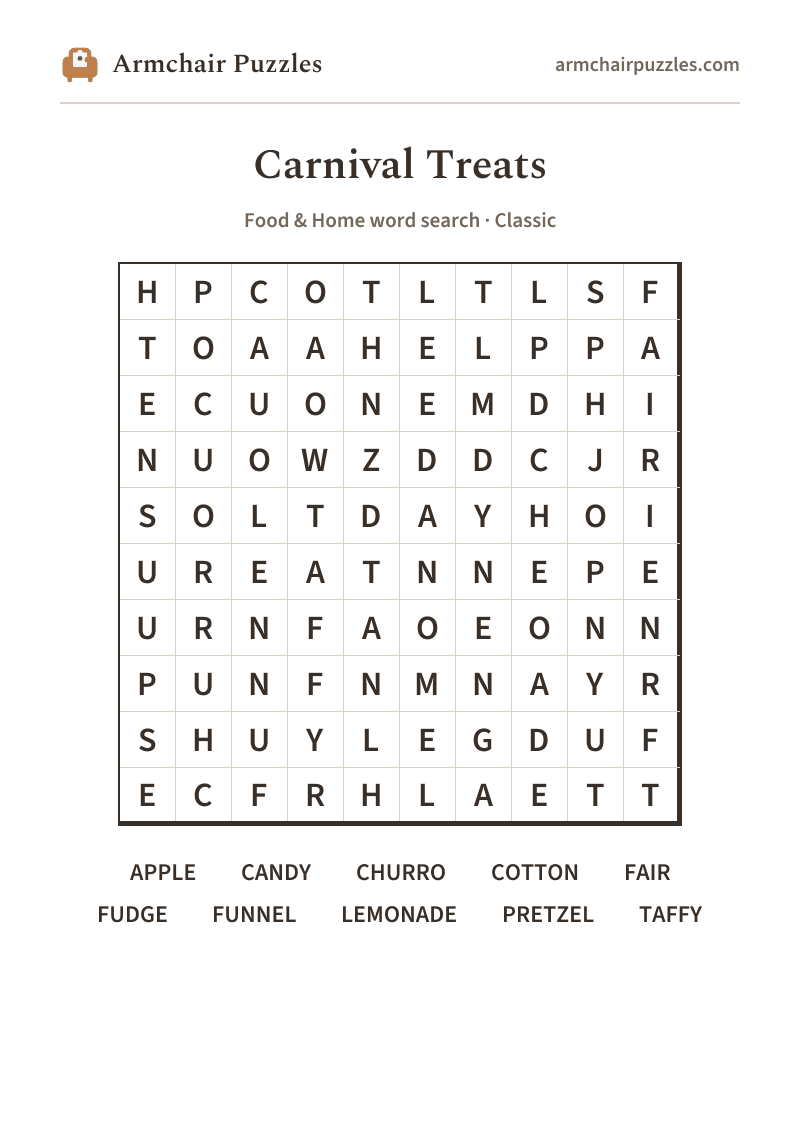 The printable Carnival Treats word search sheet