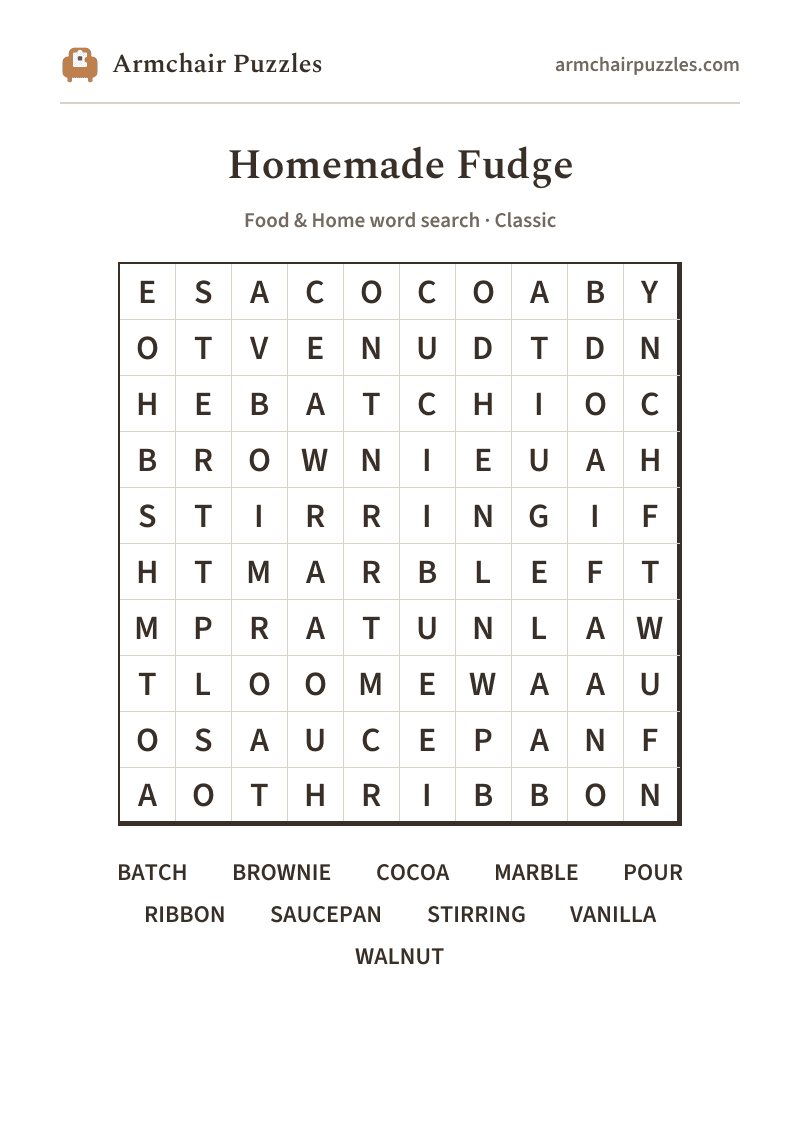 The printable Homemade Fudge word search sheet