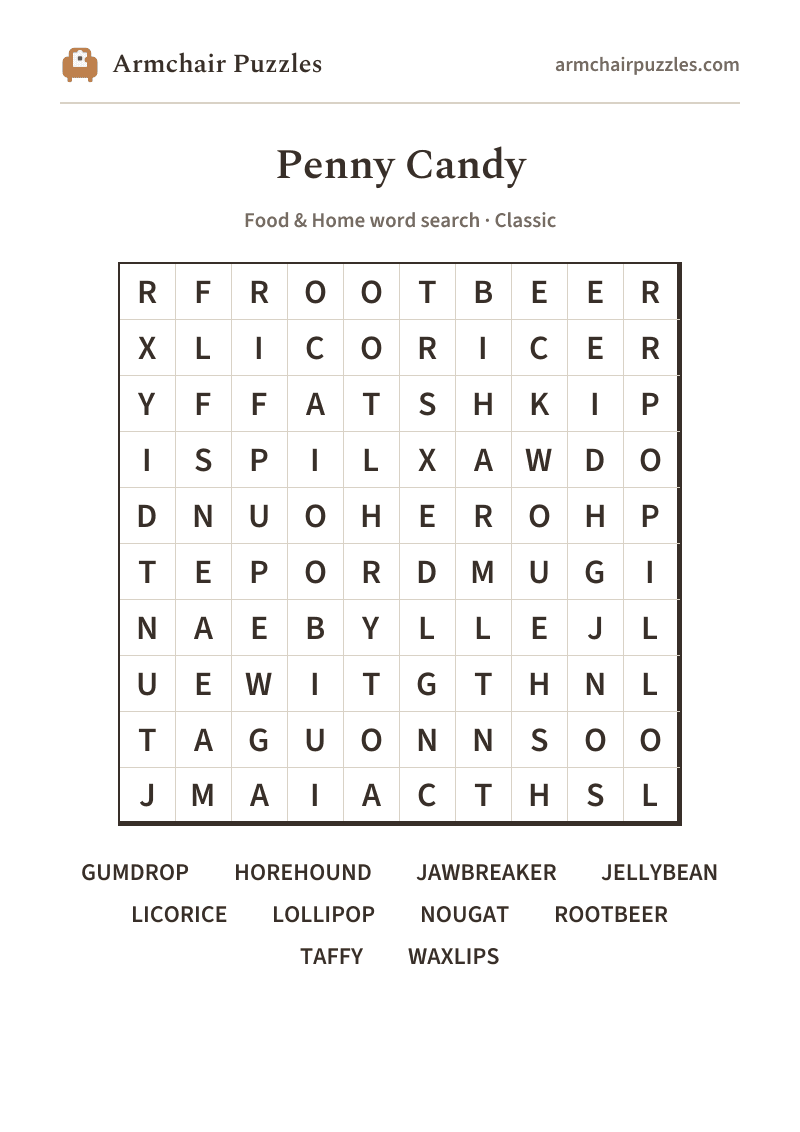 The printable Penny Candy word search sheet