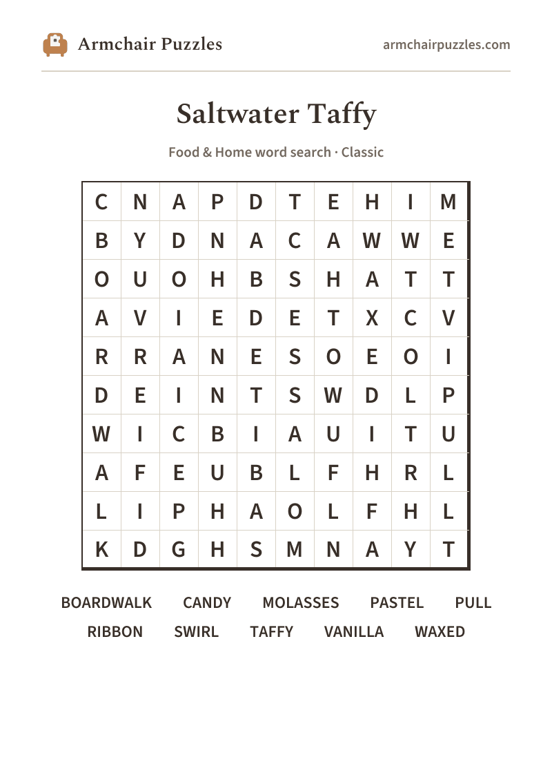The printable Saltwater Taffy word search sheet