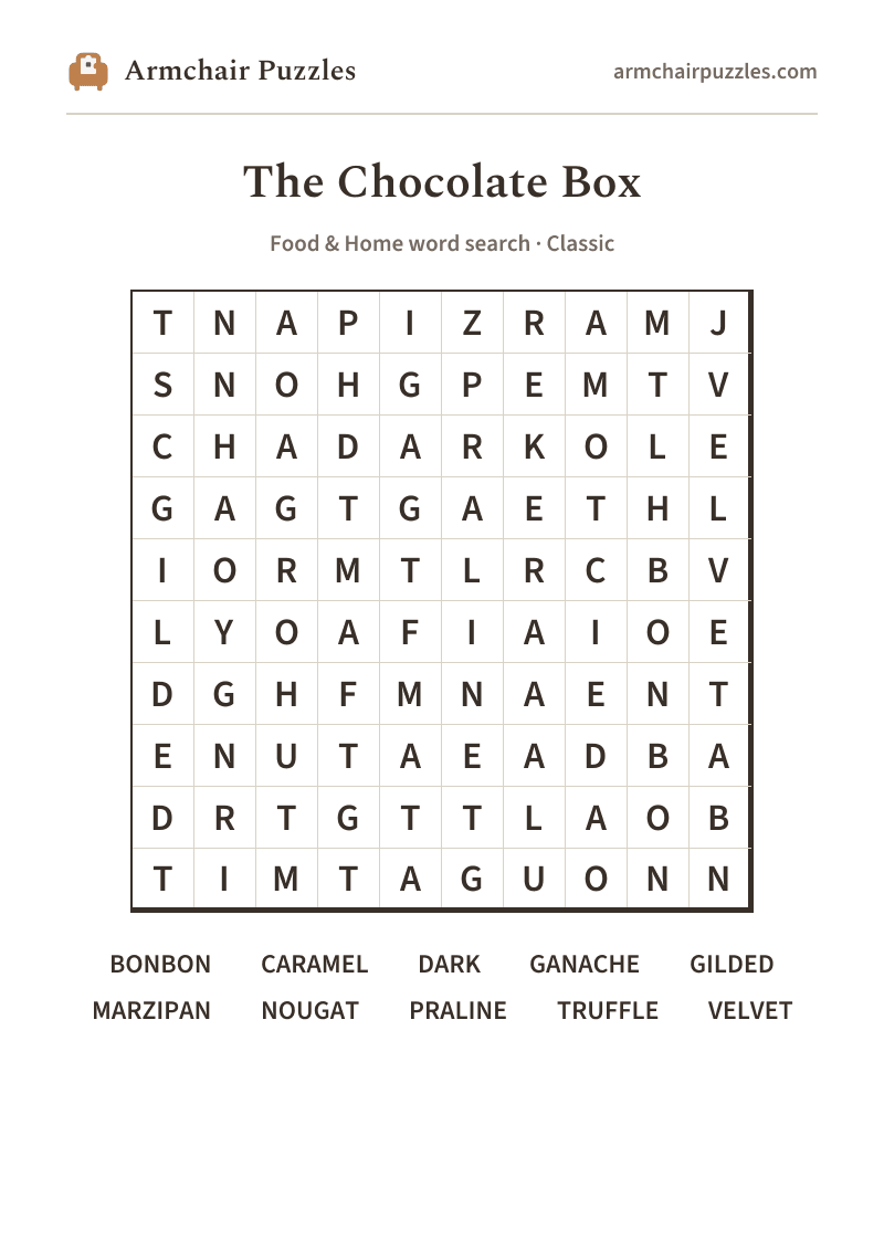 The printable The Chocolate Box word search sheet in large print