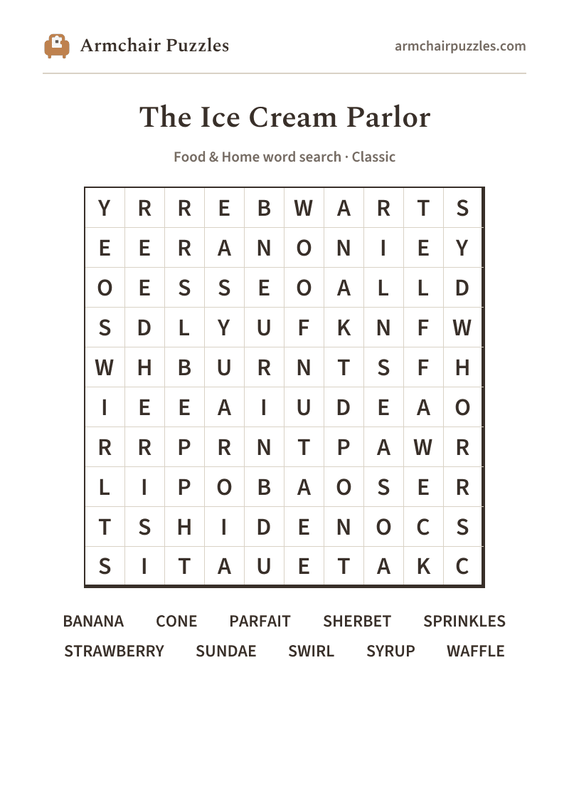 The printable The Ice Cream Parlor word search sheet