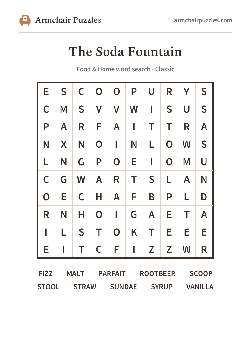 The printable The Soda Fountain word search sheet