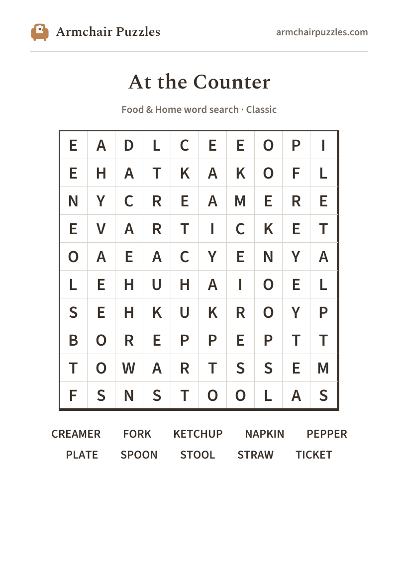 The printable At the Counter word search sheet
