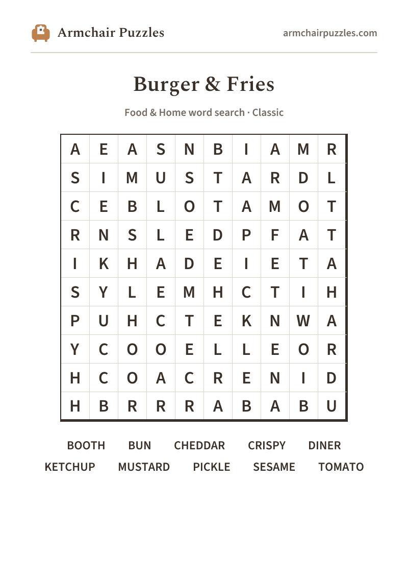 The printable Burger & Fries word search sheet