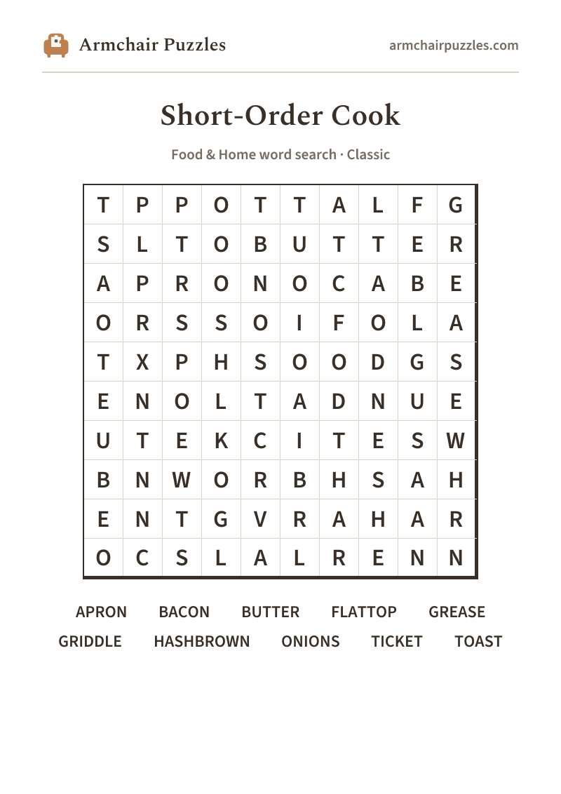 The printable Short-Order Cook word search sheet