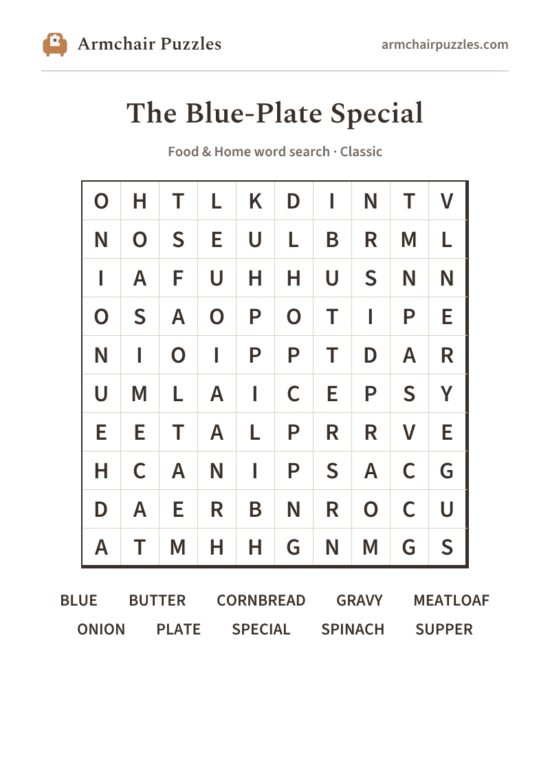 The printable The Blue-Plate Special word search sheet