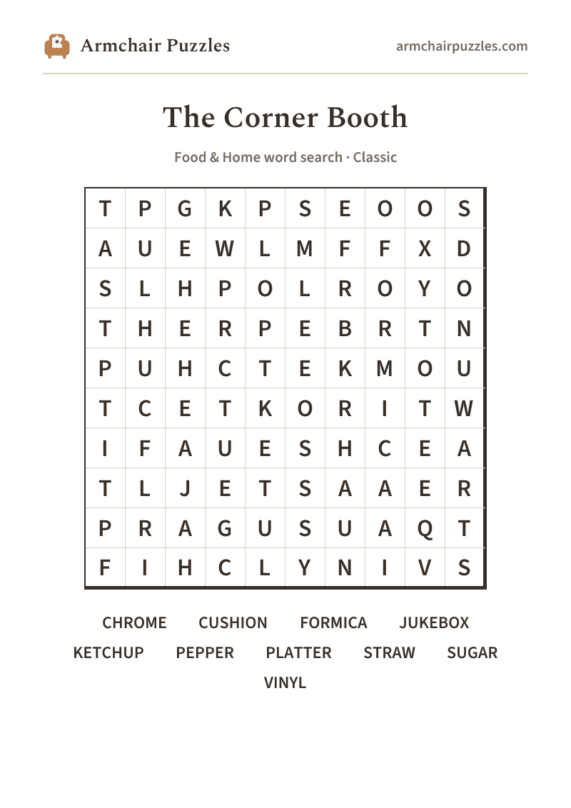 The printable The Corner Booth word search sheet