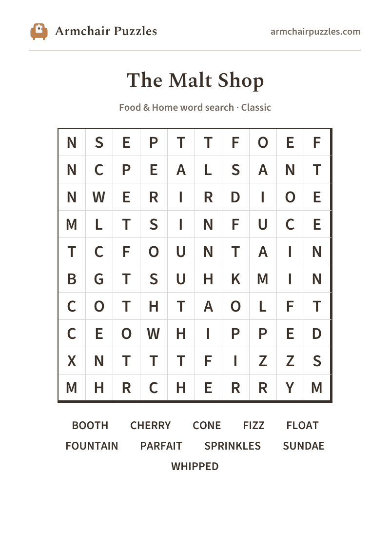 The printable The Malt Shop word search sheet