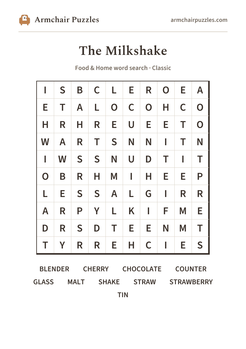 The printable The Milkshake word search sheet
