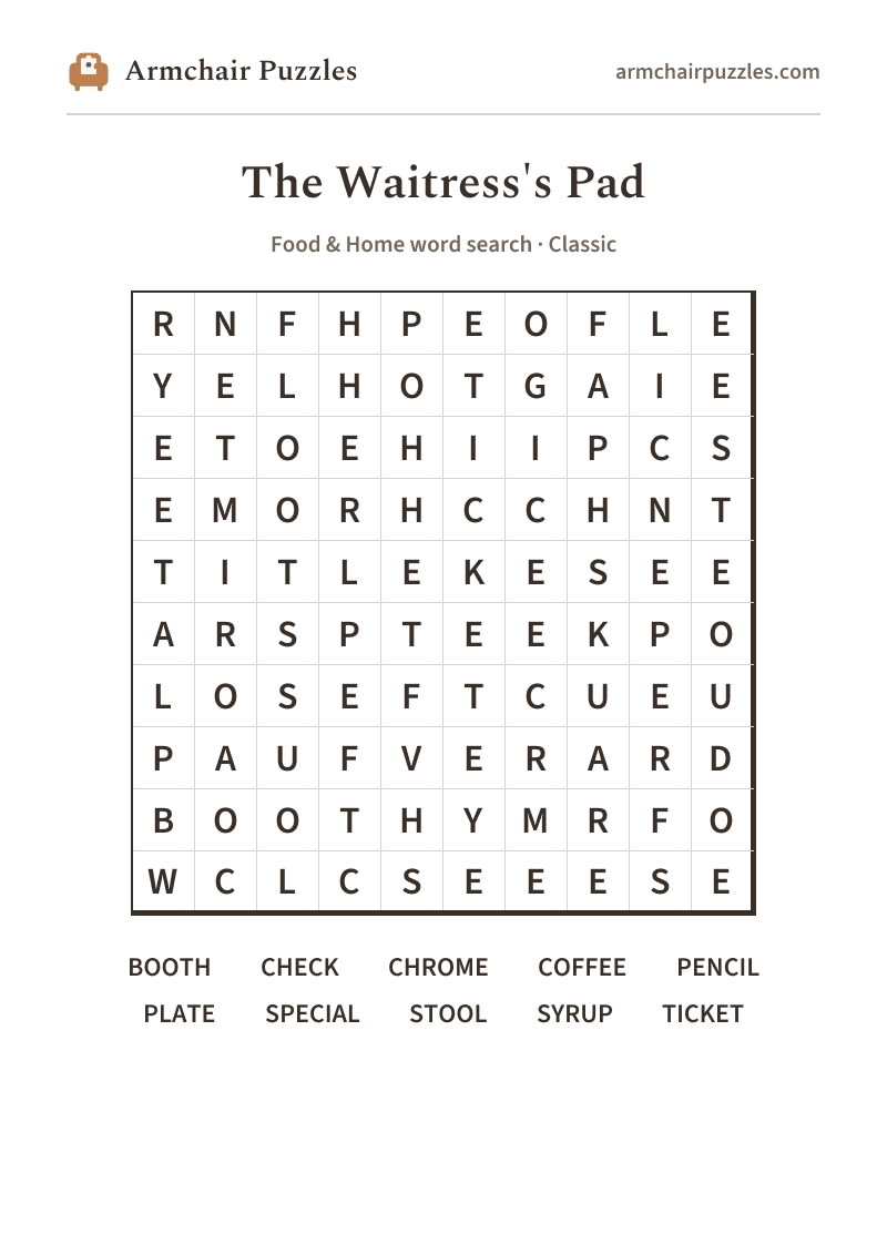 The printable The Waitress's Pad word search sheet