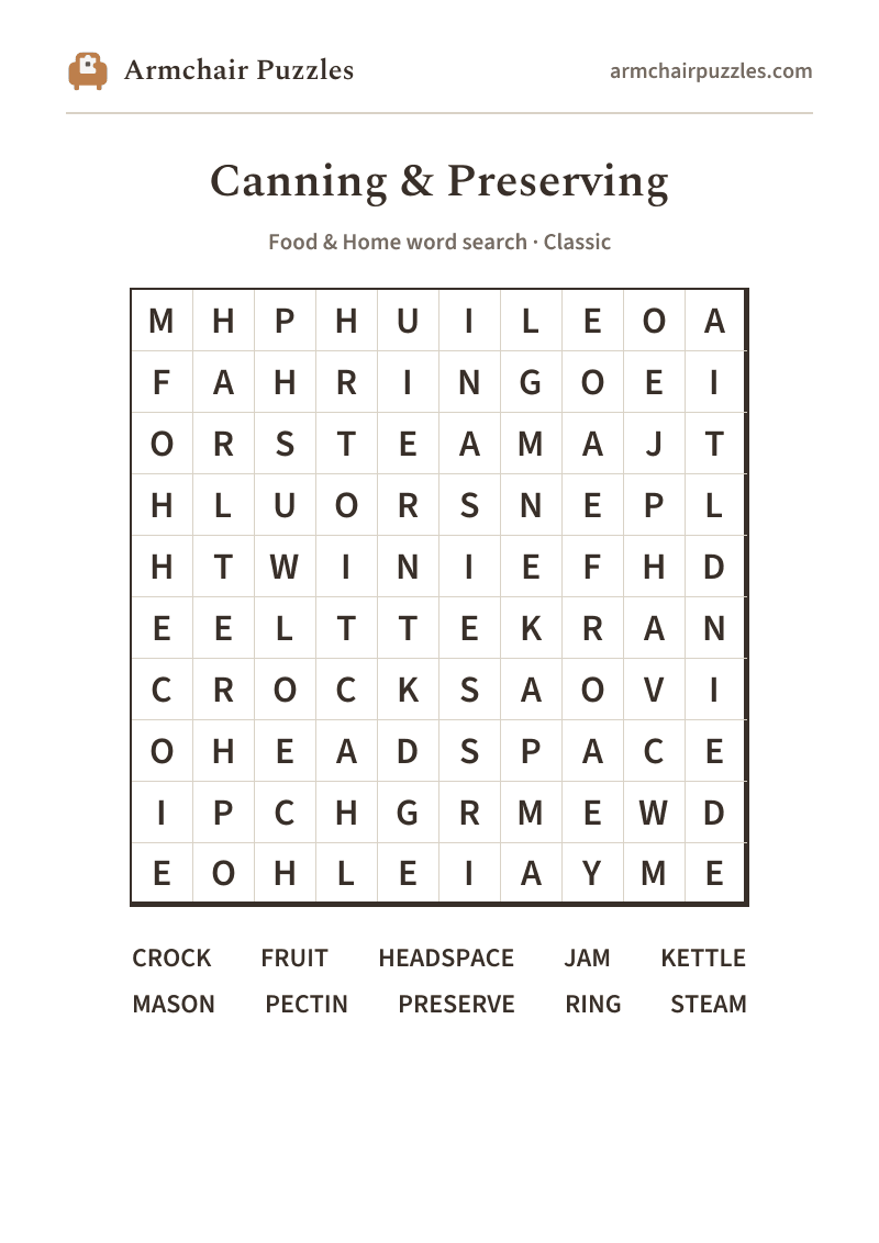 The printable Canning & Preserving word search sheet