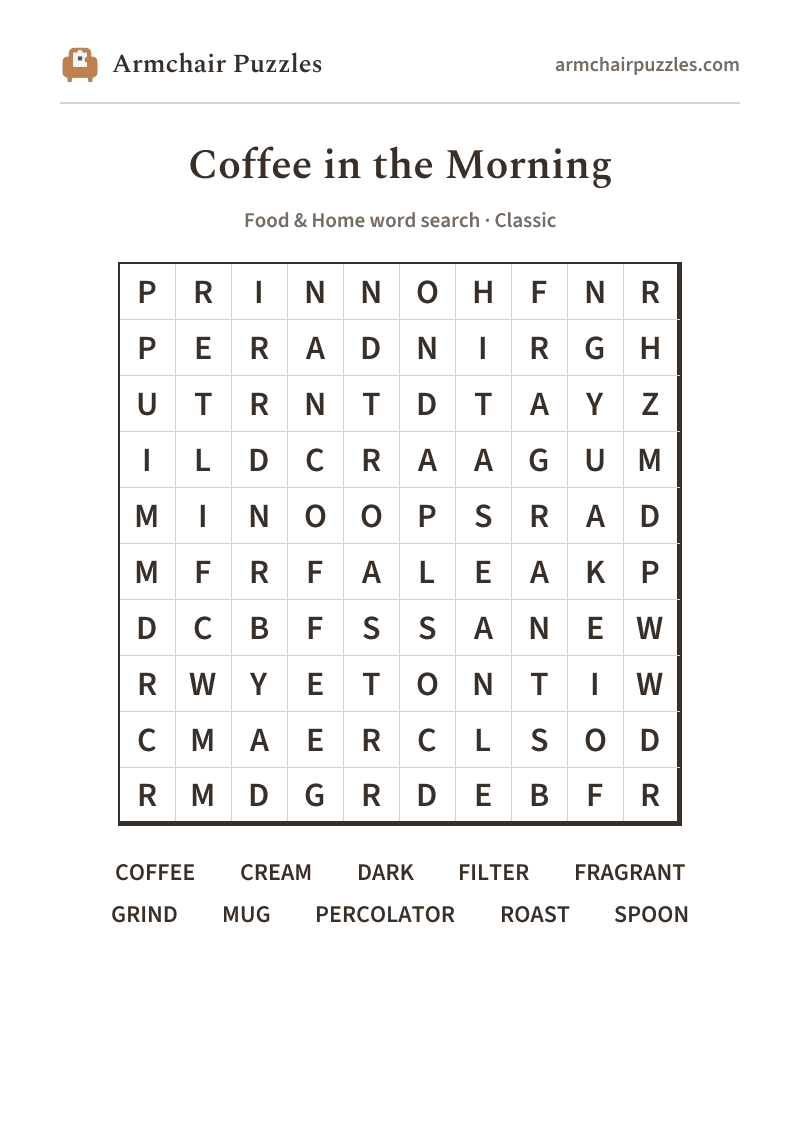 The printable Coffee in the Morning word search sheet