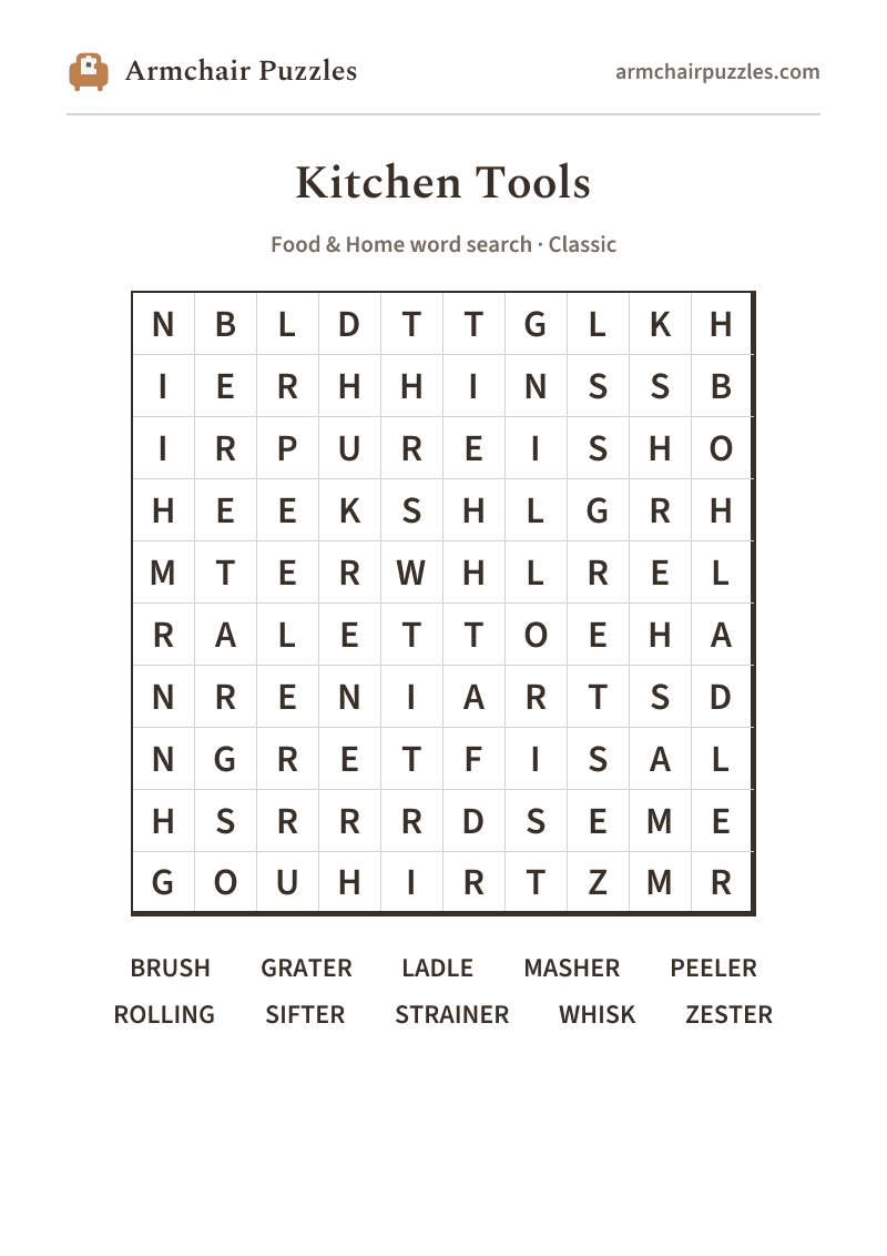The printable Kitchen Tools word search sheet