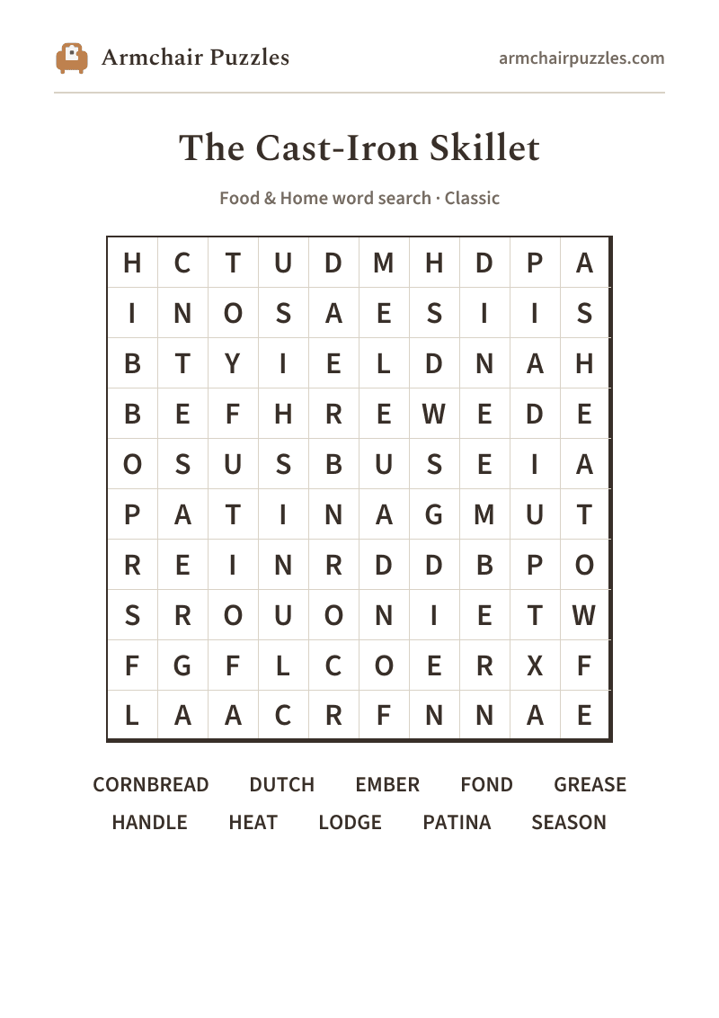 The printable The Cast-Iron Skillet word search sheet
