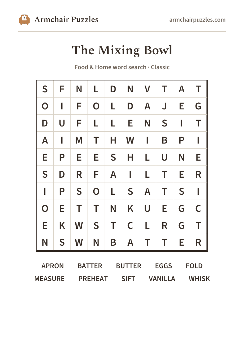 The printable The Mixing Bowl word search sheet