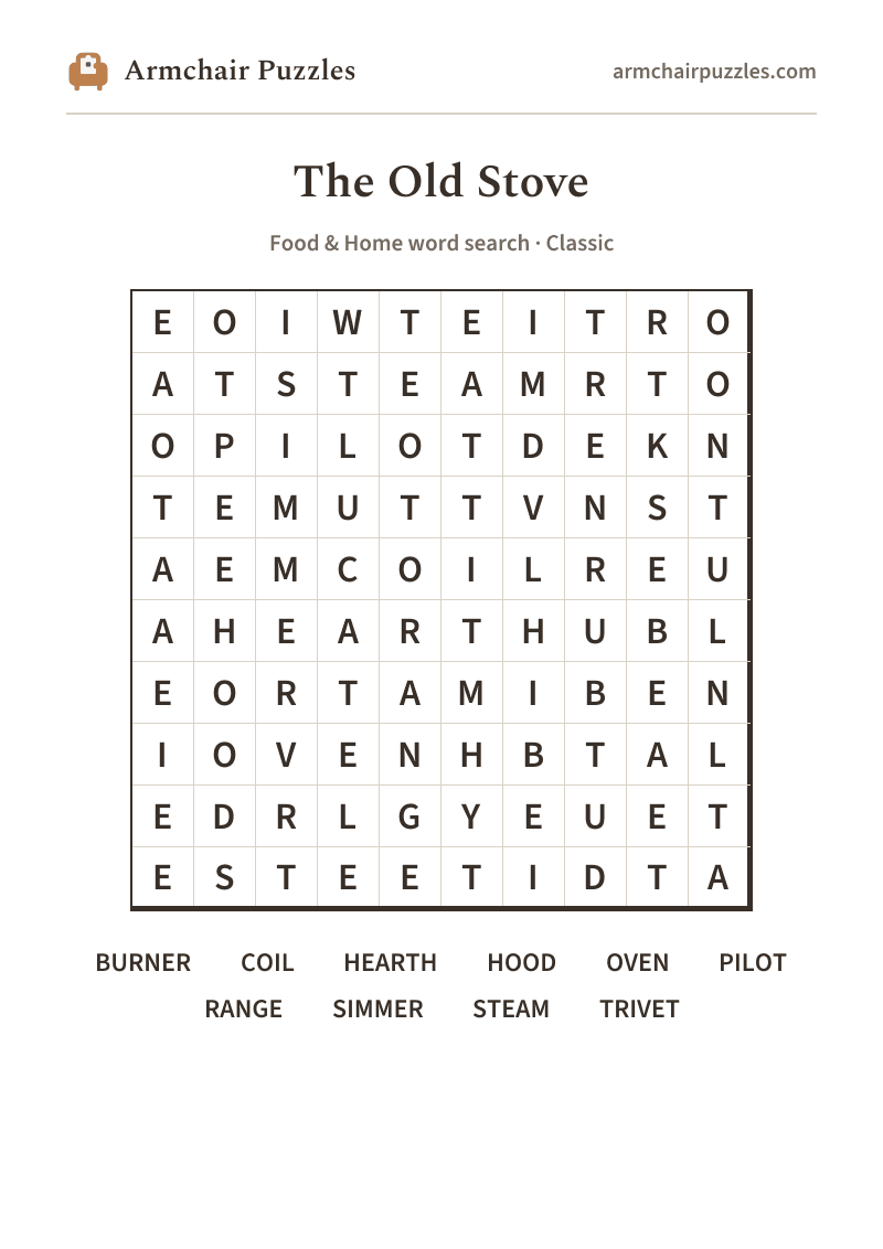 The printable The Old Stove word search sheet: large-print Classic grid with its word list