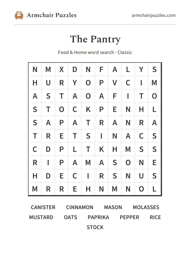 The printable The Pantry word search sheet