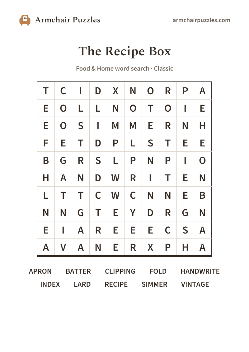 The printable The Recipe Box word search sheet