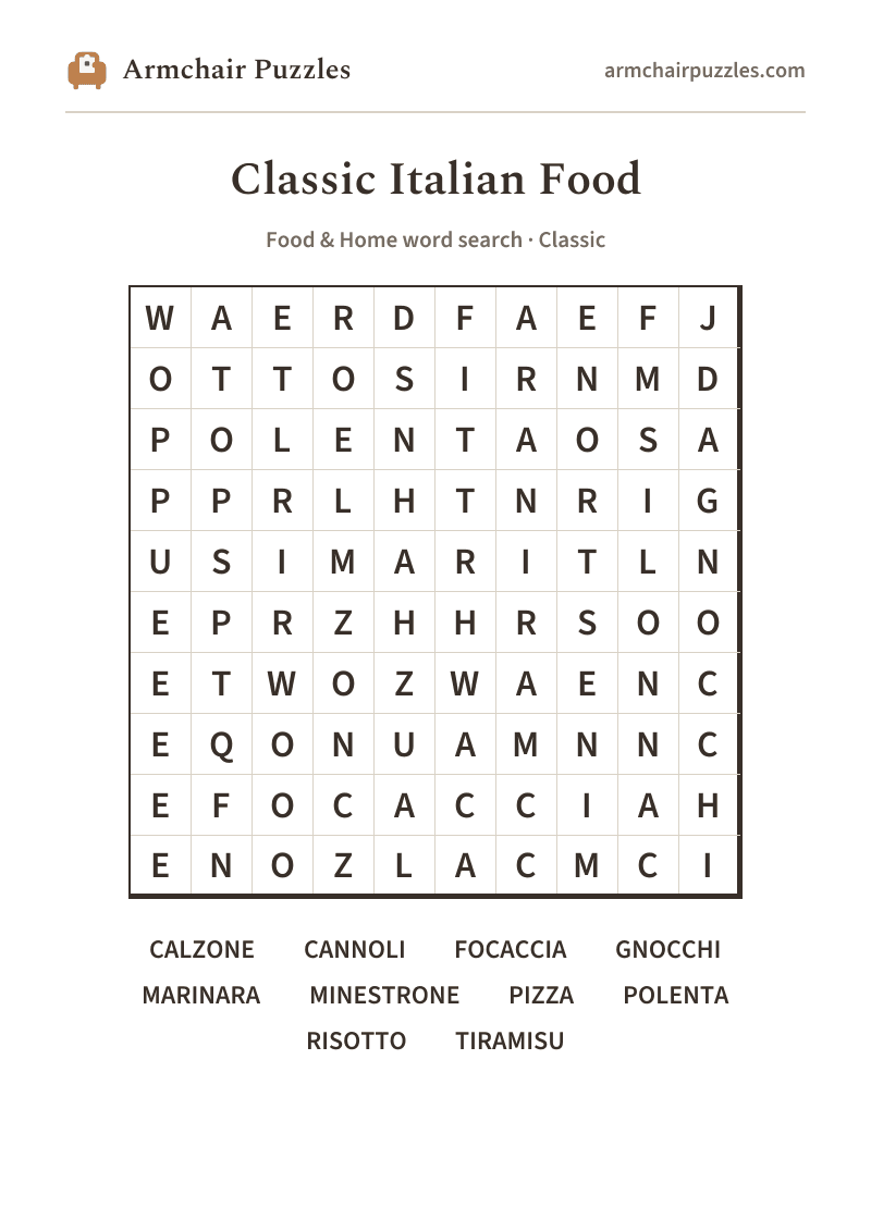 The printable Classic Italian Food word search sheet