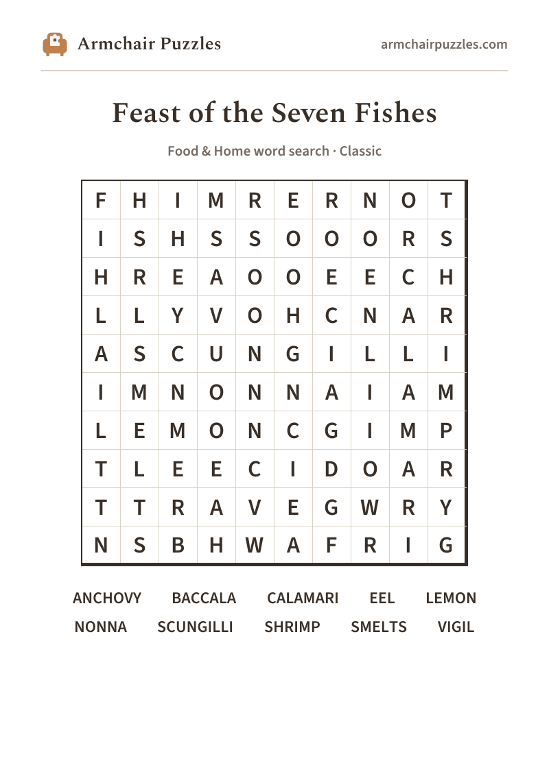 The printable Feast of the Seven Fishes word search sheet in large print