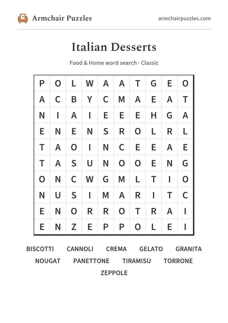 The printable Italian Desserts word search sheet in large print