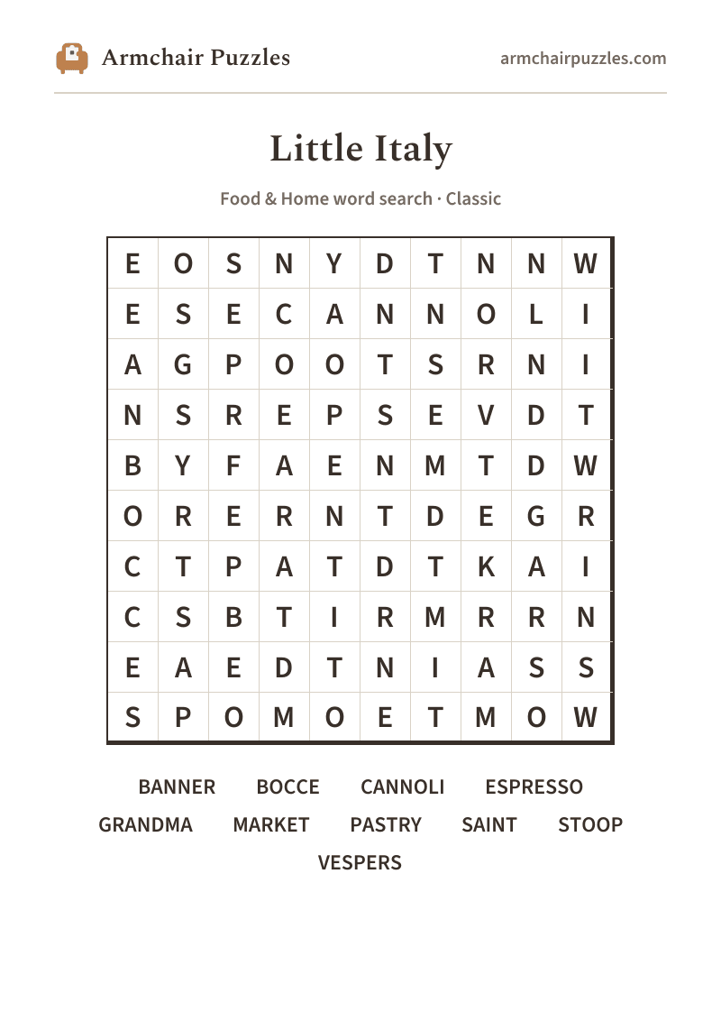 The printable Little Italy word search sheet: large-print Classic grid with its word list