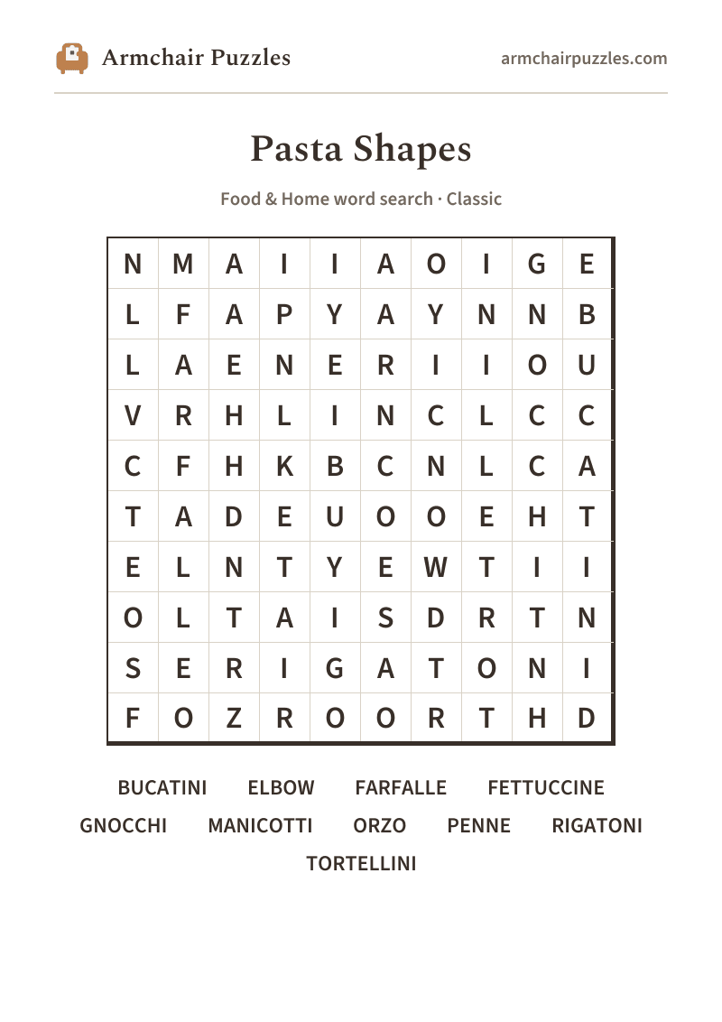 The printable Pasta Shapes word search sheet: large-print Classic grid with its word list