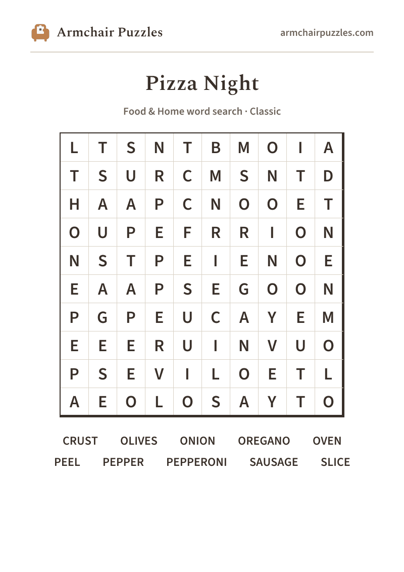 The printable Pizza Night word search sheet in large print